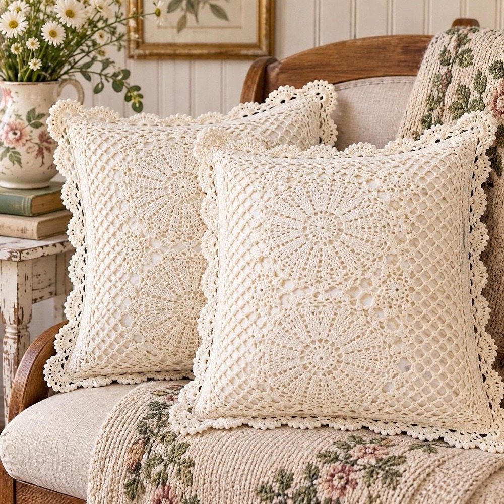 Pair Cotton Crochet Lace Lined Pillow Shams 15" Cottagecore Cream- Zipper Lined